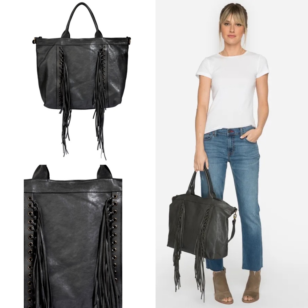 Johnny Was Black Leather Fringe Tote